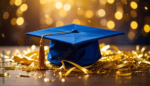 Blue Graduation Cap with Gold Confetti on Dark Background