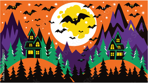 Halloween night scene with bats flying over haunted houses and spooky trees under a full moon sky night