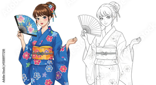 Anime Girl in Yukata Coloring Page with Vibrant Full Color and Elegant Outline Pair