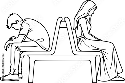 A symbol of emotional despair and disconnection. Two figures sit with their backs to each other on separate benches, representing alienation and loss of connection.