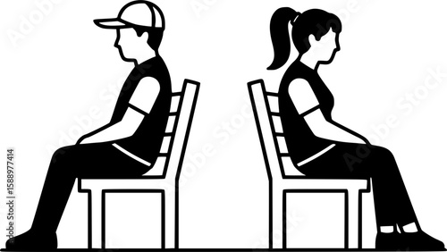 A symbol of emotional despair and disconnection. Two figures sit with their backs to each other on separate benches, representing alienation and loss of connection.