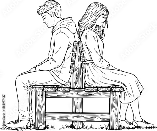 A symbol of emotional despair and disconnection. Two figures sit with their backs to each other on separate benches, representing alienation and loss of connection.