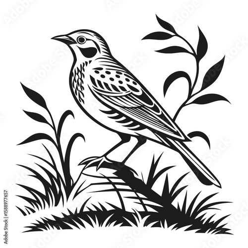 A stylized bird perched on a branch with grass and leaves