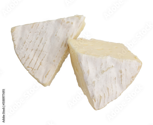 fresh slices camembert cheese isolated on white background, top view of triangular pieces camembert cheese