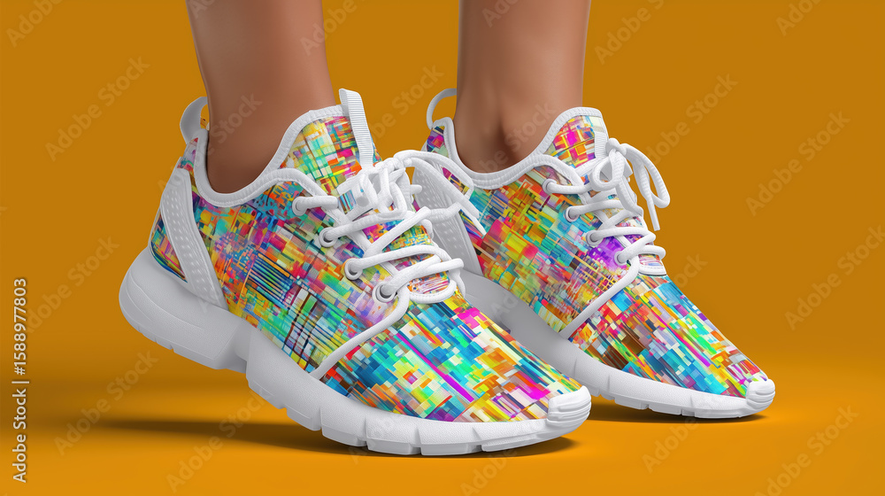 Naklejka premium Colorful sneakers with vibrant abstract patterns are showcased against a bright orange background, highlighting modern design and artistic flair for footwear enthusiasts and fashion lovers