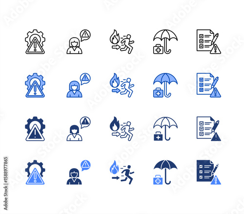 Emergency  icon sheet multiple style, Crisis management, Crisis hotline, Fire escape, Relief, Preparedness.