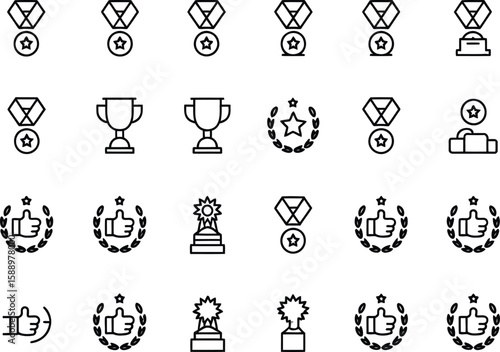 Line Art Set Featuring Medals, Trophies, Thumbsup Wreaths with Transparent Background