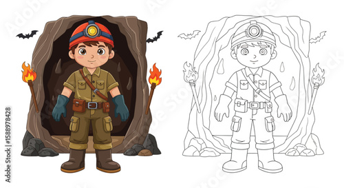 Cave Explorer Boy Coloring Sheet Displaying Full Color and Detailed Line Art Style