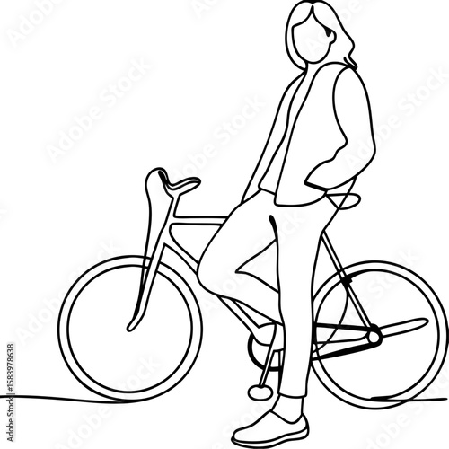 Line art image of person leaning against a bicycle on white backdrop. Person leaning against a bicycle in this single line illustration shows leisure and simplicity, ideal for posters.