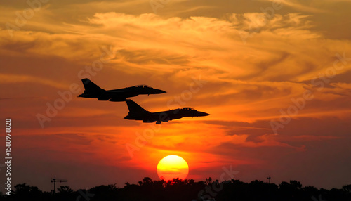 Fototapeta Naklejka Na Ścianę i Meble -  sunset with a powerful and dynamic photograph of two military fighter jets in mid-flight