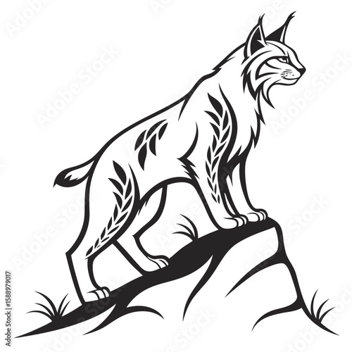 Lynx standing on a rock with tribal markings