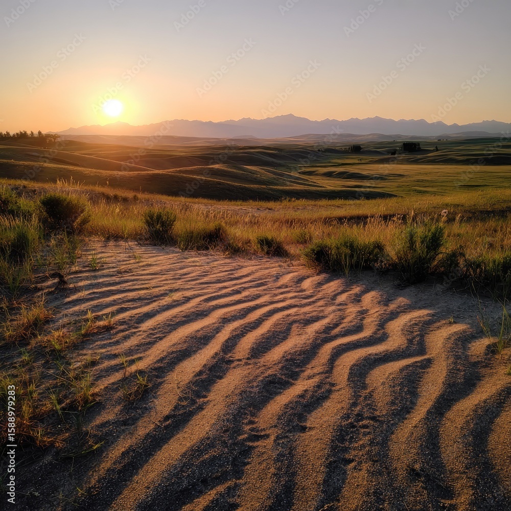 Naklejka premium Sunrise over rolling hills and dunes