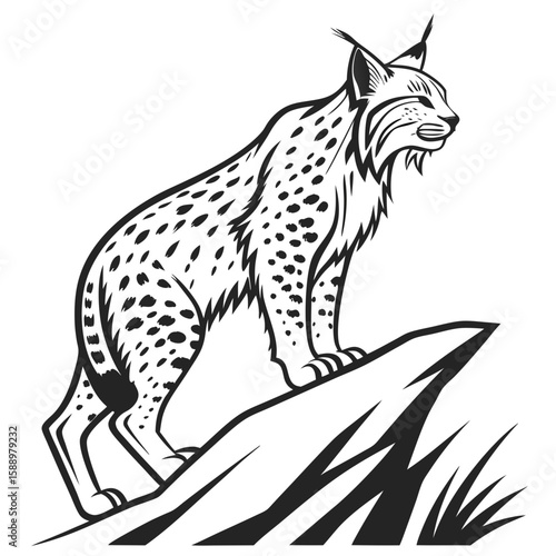 Spotted lynx on a rock with tribal markings