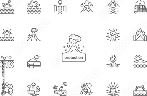 Line Icon Set of Natural Disasters, Flood, Volcano, Earthquake in Gray on White