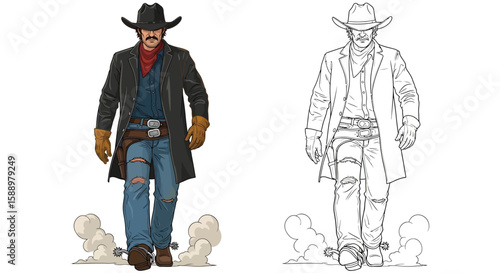 Cowboy Walking Toward Viewer with Spurs and Jacket Coloring Sheet Energetic Western Art