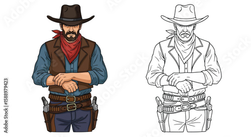 Cowboy with Bandana and Dual Holsters Coloring Page for Authentic Western Style