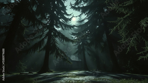 Sunlight streams through towering pines in a misty forest, illuminating a secluded cabin and creating an enchanting woodland scene.