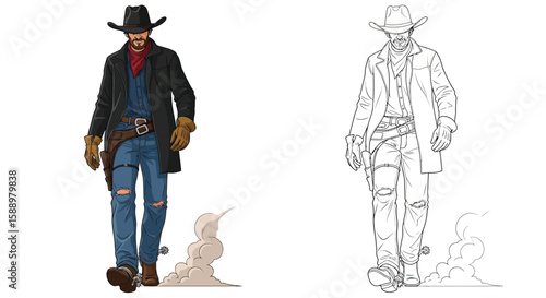 Cowboy Walking Toward Viewer with Spurs and Jacket Coloring Page Dynamic Western Look