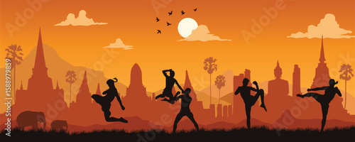 Muay Thai Fighters in Action with Thai Temple Silhouettes at Sunset