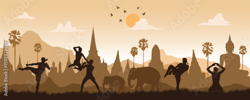 Muay Thai Training with Thai Temple and Elephant Silhouettes at Sunset