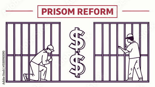 Illustration showing prison reform concept with inmates and dollar signs in purple color scheme
