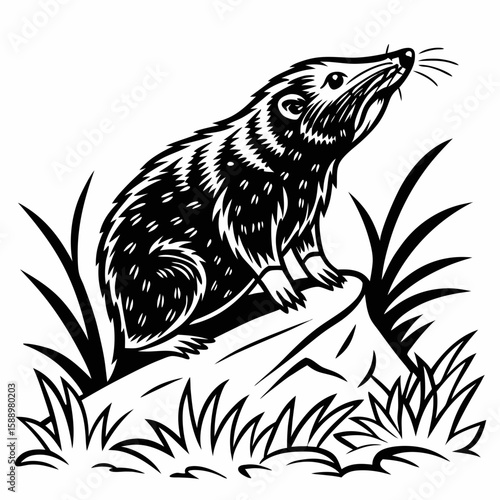 Mole sitting on a rock with grass