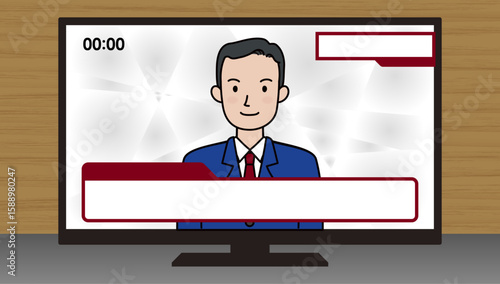 ニュース番組の男性キャスターとテロップ付きテレビ画面のベクターイラスト｜アナウンサー、テレビ、男性、放送、ニュース