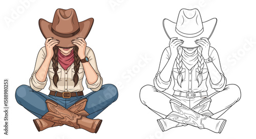 Cowgirl Sitting Cross Legged Hat Down Coloring Sheet Calming Western Scene Art