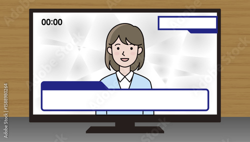 ニュース番組に登場する女性キャスターとテロップ付きテレビ画面のベクターイラスト｜女性、テレビ、アナウンサー、放送、メディア