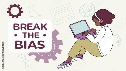 Cartoon illustration of a woman using a laptop with break the bias text and gear graphics around her