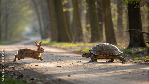 A captivating scene shows a hare racing a tortoise on a woodland path, embodying the classic fable of speed versus perseverance in a natural setting.
