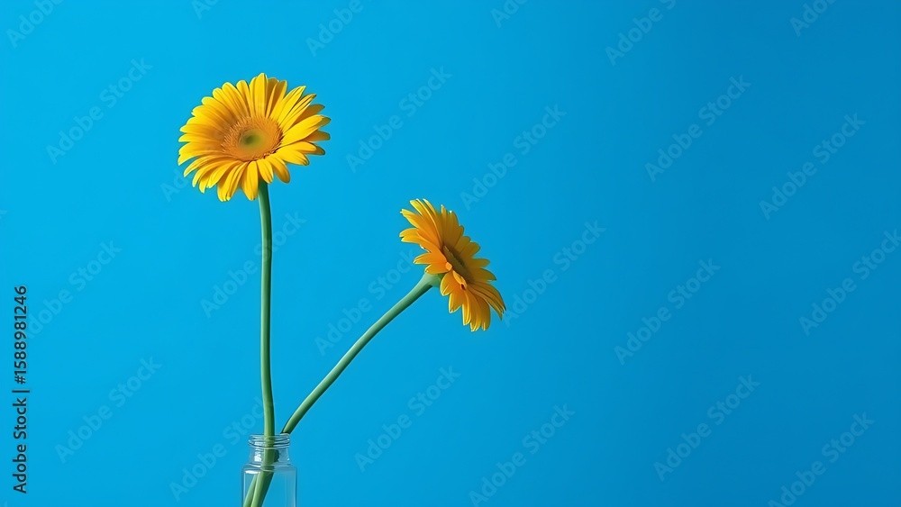 Fototapeta premium Single yellow gerbera in minimalist vase against vibrant blue gradient with dramatic lighting.