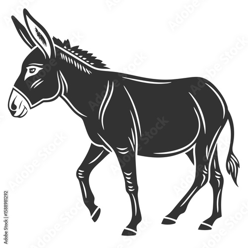 A donkey walks with its head turned to the side