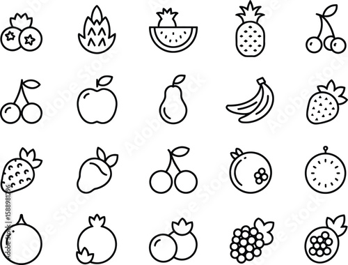 Minimalistic Line Art Set Featuring Various Fruit Icons on a Transparent Background