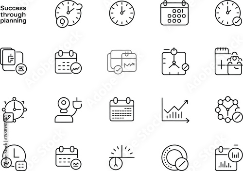 Outline Time Management Icons Set Clock, Calendar, Graph in White Background