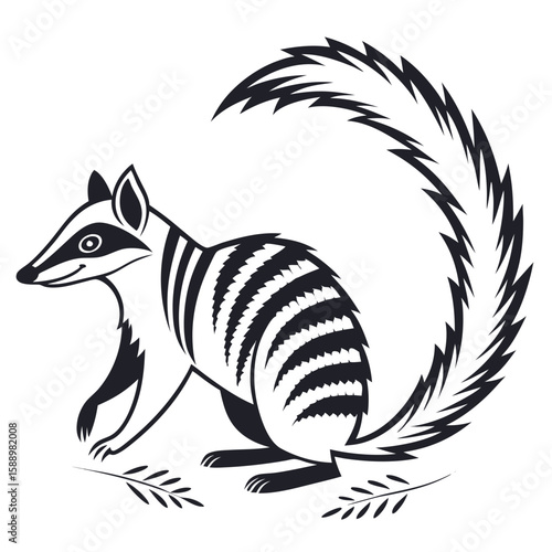 Stylized numbat with a bushy tail and grass