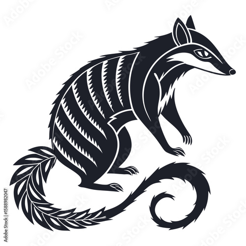 Numbat with a long, striped tail curled