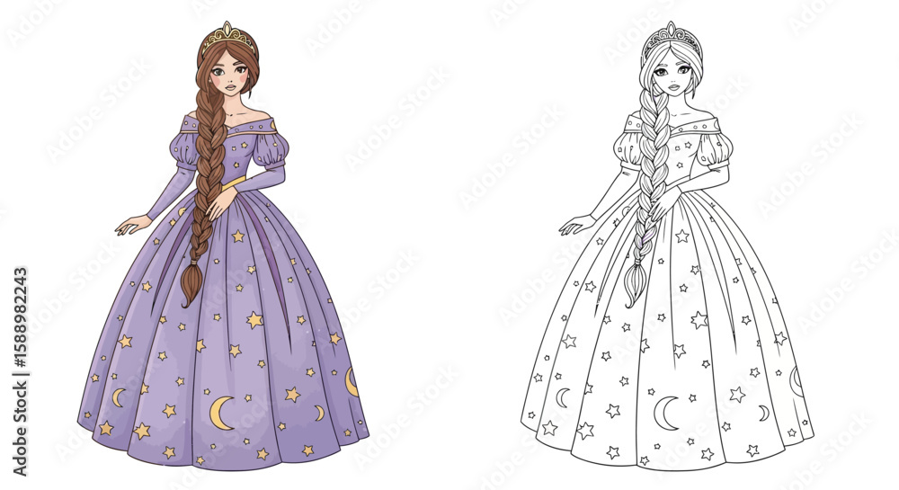 Fototapeta premium Enchanted Princess Girl Coloring Page with Both Colored and Clear Outline Formats for Kids
