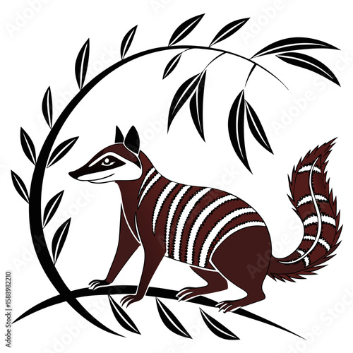 Brown numbat perched on a stylized branch