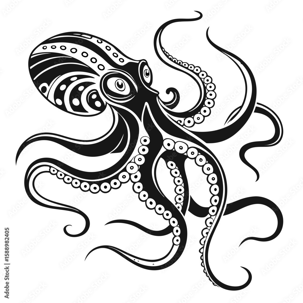 Fototapeta premium Stylized black and white octopus illustration