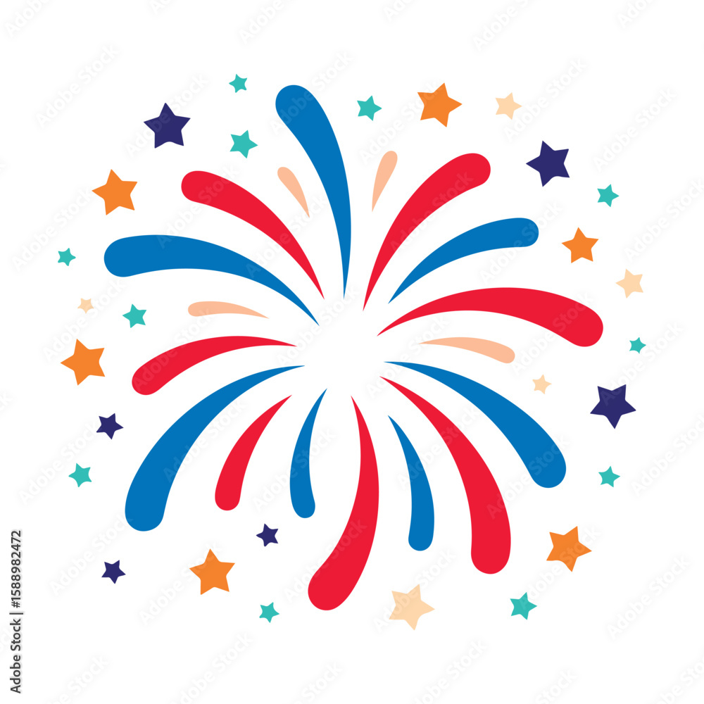 Obraz premium Colorful Firework Burst with Stars – Red, Blue, and Orange Vector Illustration