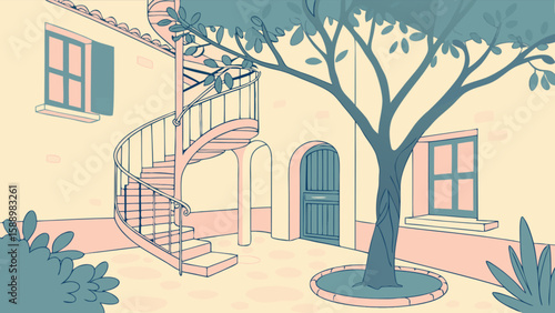 Mediterranean courtyard with spiral staircase and tree vector illustration design asset for graphic designers