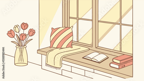 Cozy window seat with tulips drawing vector illustration for home decor and relaxation concept art design