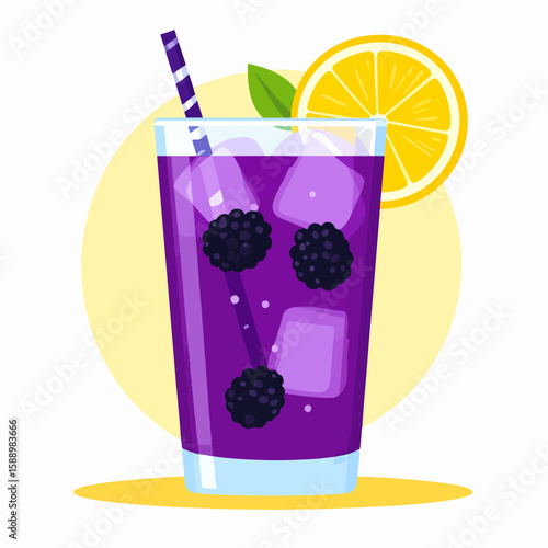 Refreshing blackberry lemonade illustration featuring ice cubes and a lemon slice against a minimalist background with a bright and summery feel.