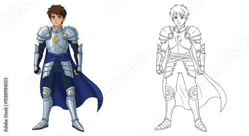Moonlight Swordsman Boy Coloring Page Featuring Colored and Clear Outline Armor for Children