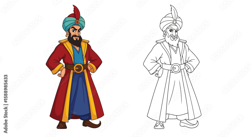 Fototapeta premium Sinbad the Sailor Coloring Page Featuring Vibrant Colored and Simple Outline Versions for Children