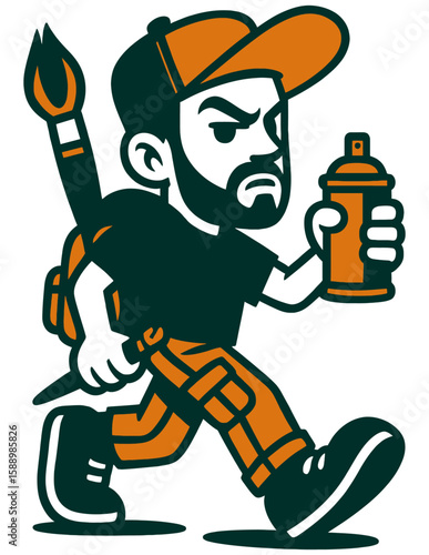 stylized cartoon character of a bearded man wearing a cap, carrying a large paintbrush on his back, and holding a spray paint can, depicted in mid-stride