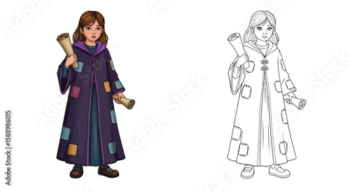 Spellcaster Apprentice Girl Coloring Page with Dynamic Colored and Clear Outline Views for Kids