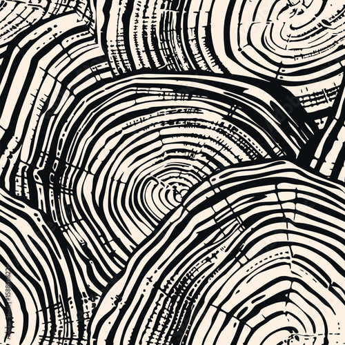 Vector seamless pattern with tree stump rings. Abstract organic texture with wooden grain, natural circles, curved lines, flowing shapes. Monochrome black and white background. Repeated decor design