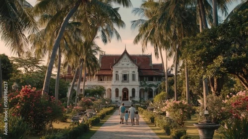 Wallpaper Mural Family walking on garden pathway towards a historic ornamental mansion surrounded by lush tropical trees and vibrant flowering plants during sunset Torontodigital.ca